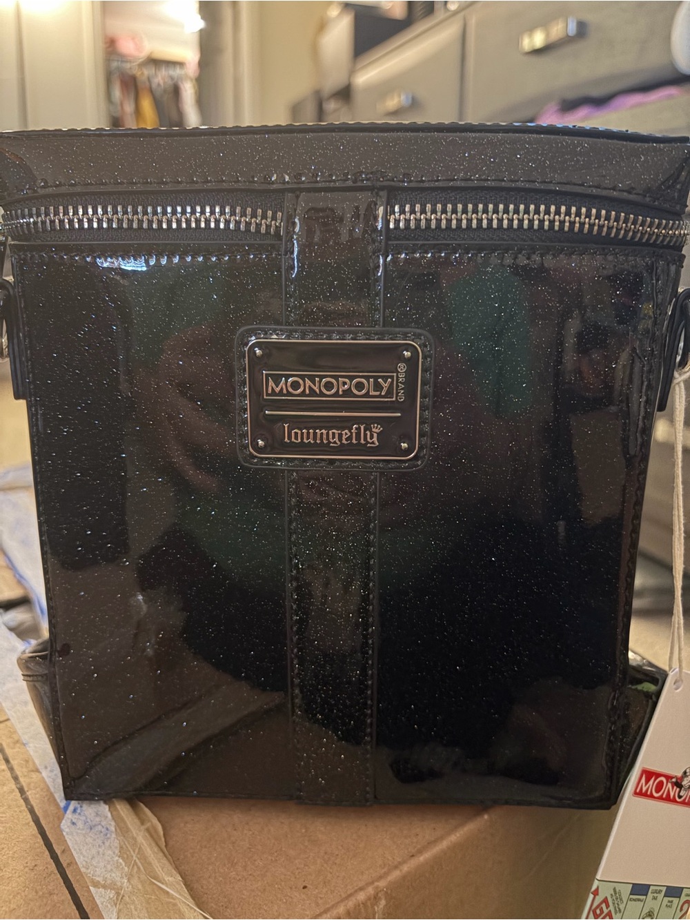 Loungefly Black Glitter Top Hat Crossbody Bag with Monopoly Money Accent - Picture 2 of 4